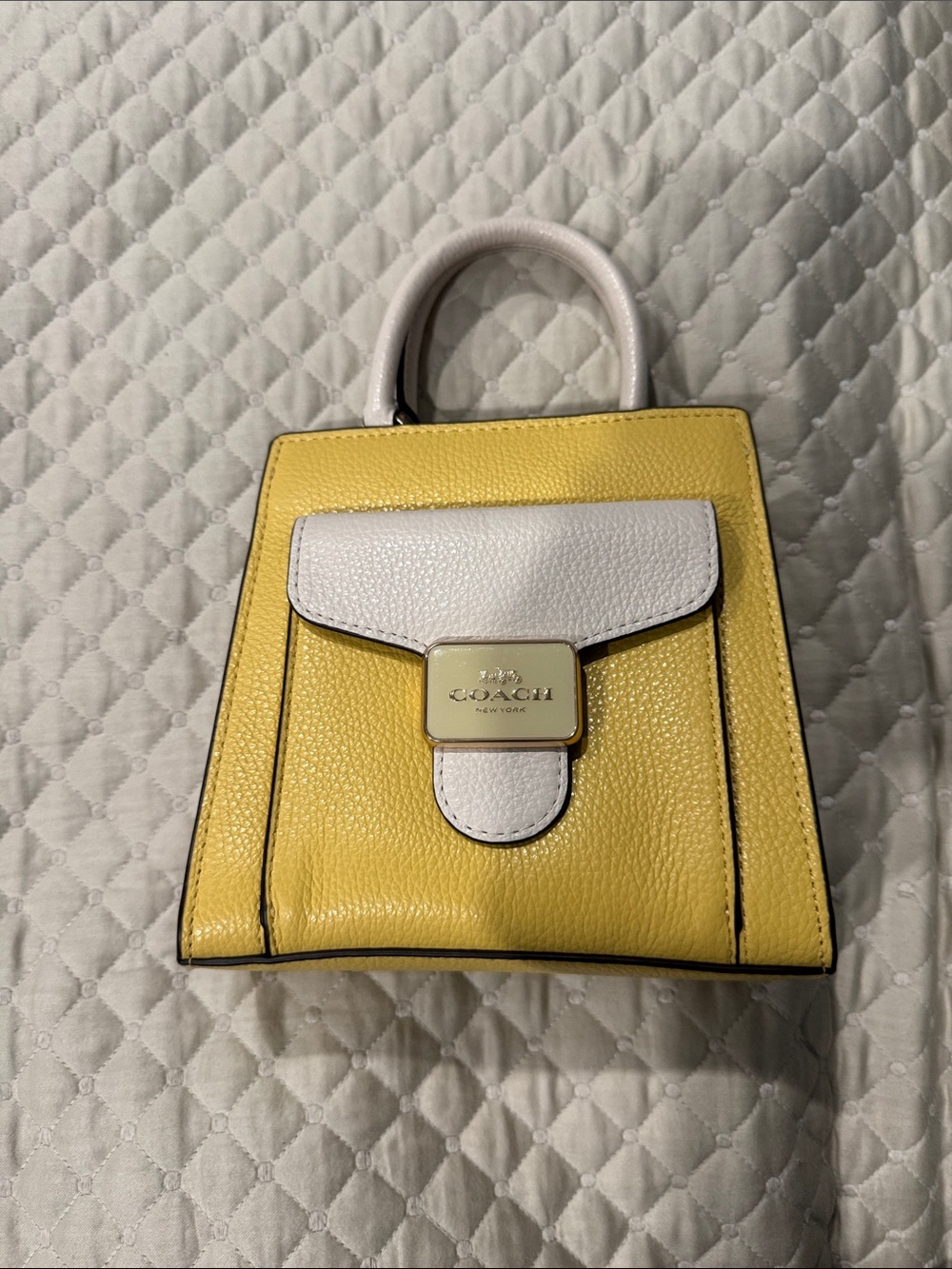 COACH Yellow and White Pebbled Leather Mini Top-Handle Satchel